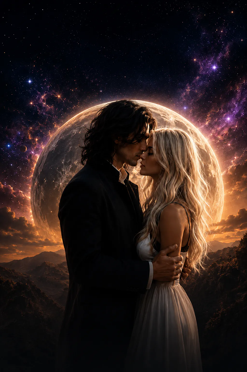 Isabel and Alex beneath a celestial moon in the Isabel's Bridges universe